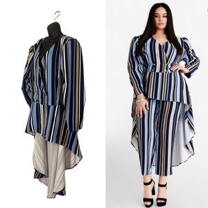 Ashley Stewart Statement Blue Peplum Stripe Hi Low Wrap Jacket